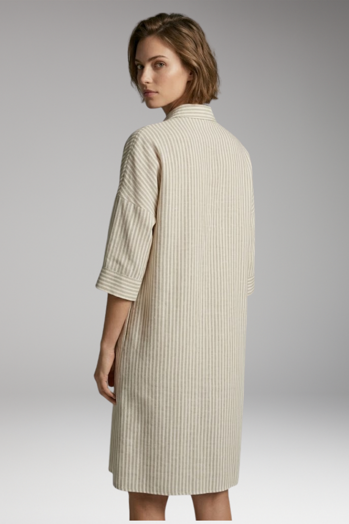 Women’s Midi Dress with Round Neck and Striped Pattern