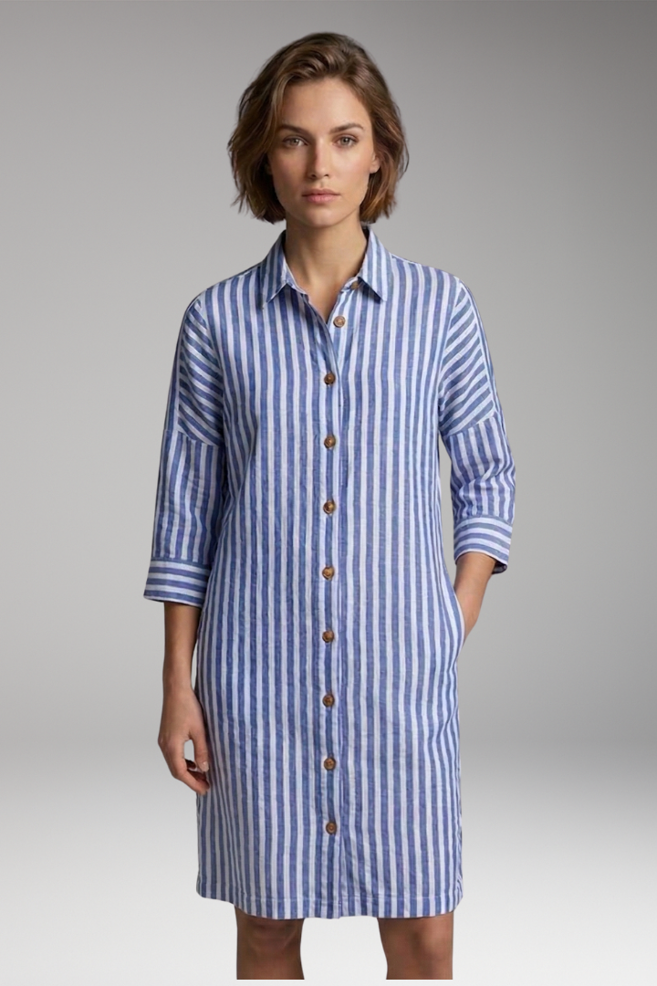 Women’s Midi Dress with Round Neck and Striped Pattern
