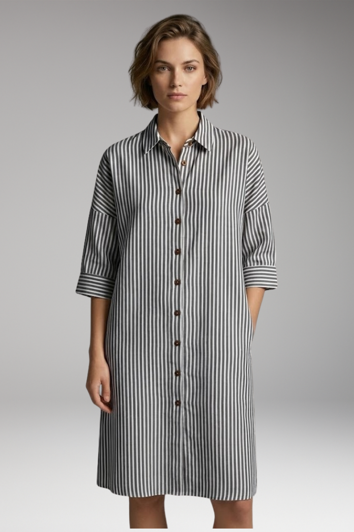 Women’s Midi Dress with Round Neck and Striped Pattern