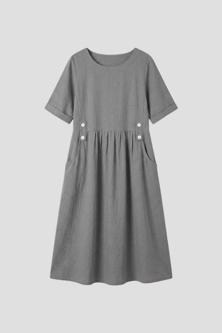 Women's Midi Dress with Round Neckline and Cotton-Linen Fabric