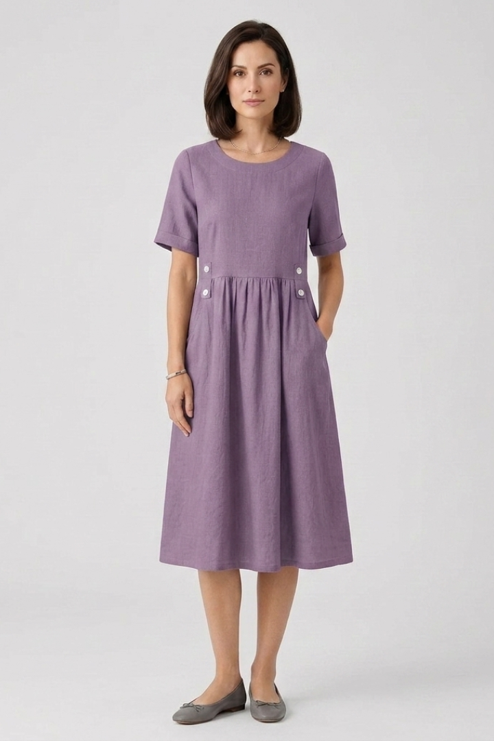 Women's Midi Dress with Round Neckline and Cotton-Linen Fabric