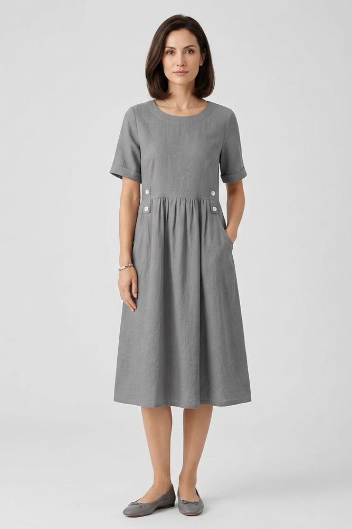 Women's Midi Dress with Round Neckline and Cotton-Linen Fabric