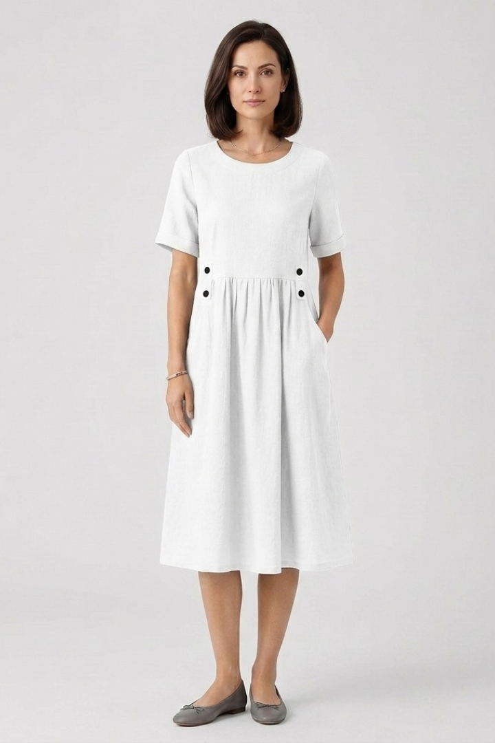 Women's Midi Dress with Round Neckline and Cotton-Linen Fabric
