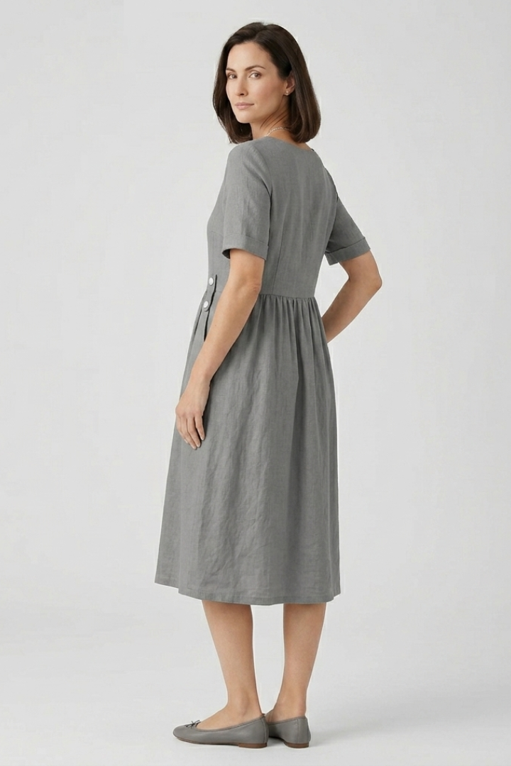 Women's Midi Dress with Round Neckline and Cotton-Linen Fabric