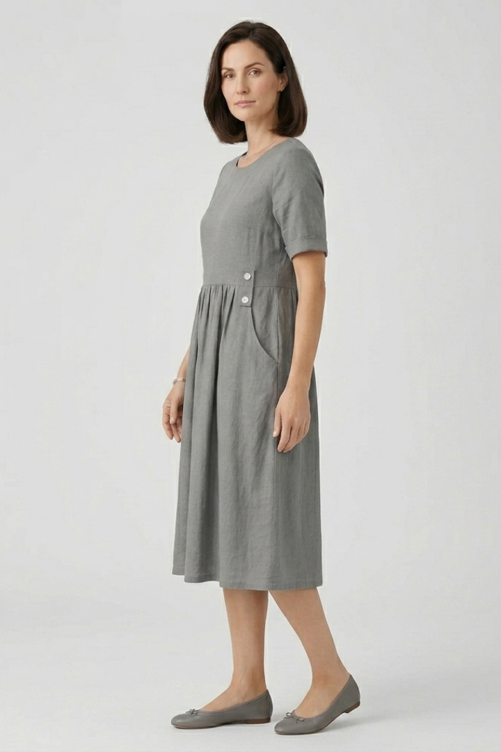 Women's Midi Dress with Round Neckline and Cotton-Linen Fabric