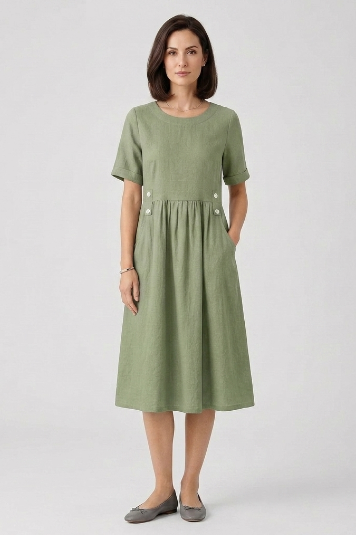 Women's Midi Dress with Round Neckline and Cotton-Linen Fabric