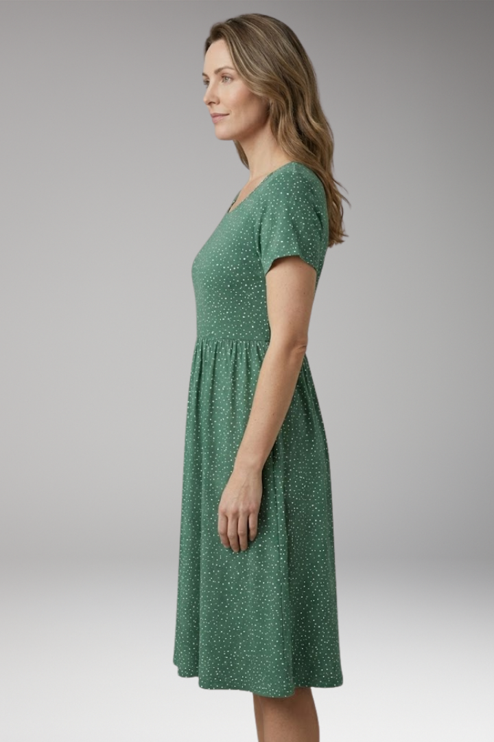 Women's Midi Dress with Round Neckline and Floral Pattern