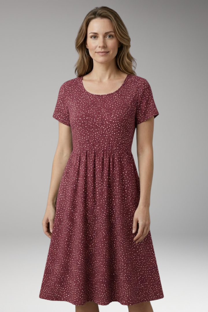 Women's Midi Dress with Round Neckline and Floral Pattern