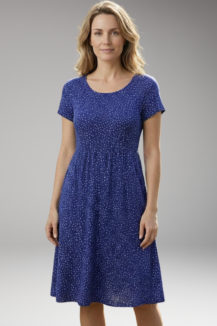 Women's Midi Dress with Round Neckline and Floral Pattern