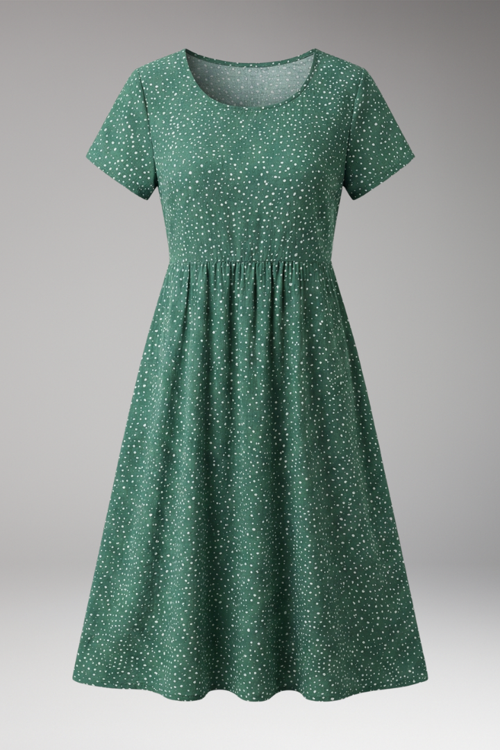 Women's Midi Dress with Round Neckline and Floral Pattern