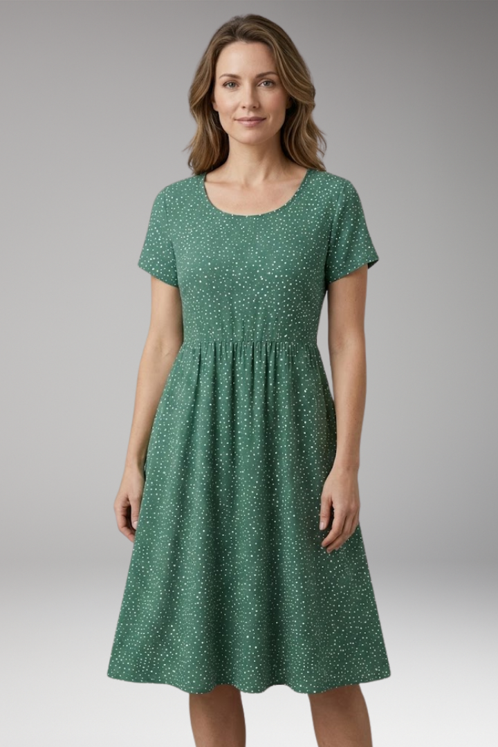 Women's Midi Dress with Round Neckline and Floral Pattern