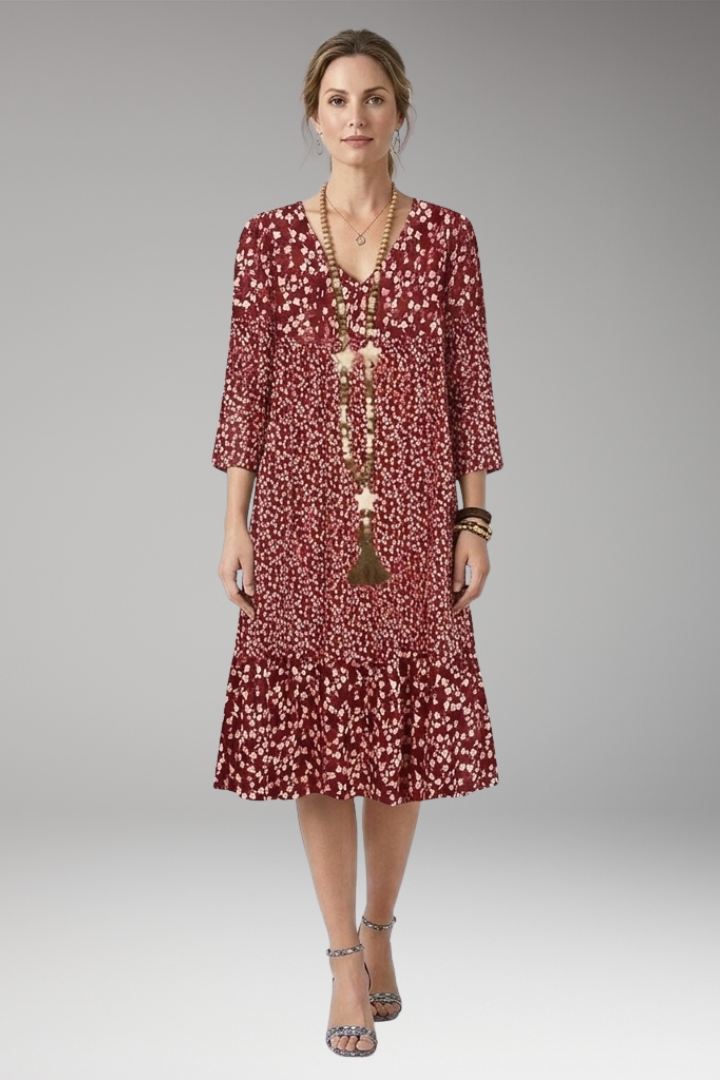 Women's Midi Dress with Round Neckline and Short Sleeves