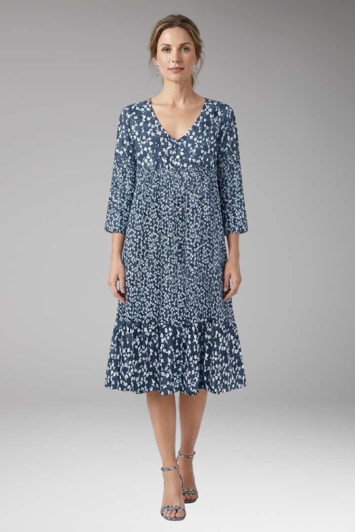 Women's Midi Dress with Round Neckline and Short Sleeves