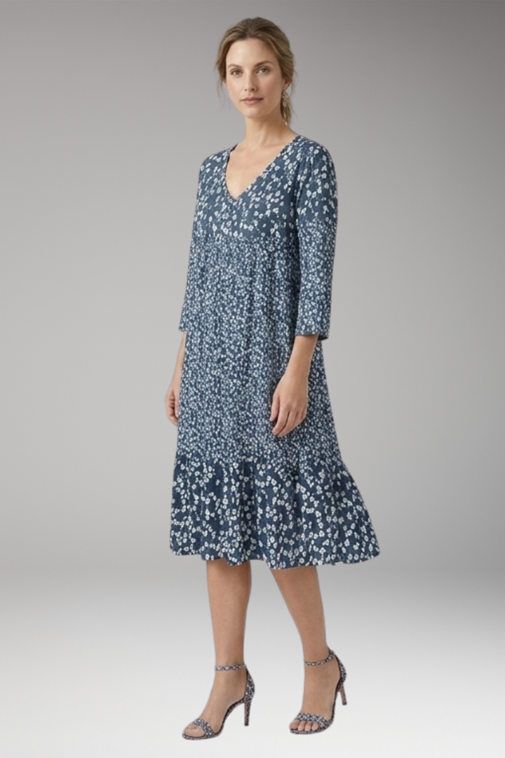 Women's Midi Dress with Round Neckline and Short Sleeves
