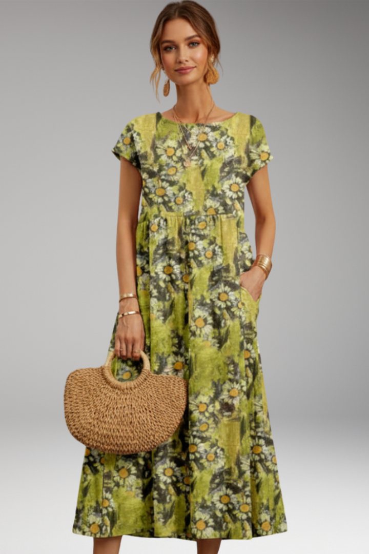 Women's Midi Dress with Short Sleeves and Side Pockets