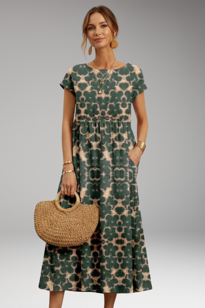 Women's Midi Dress with Short Sleeves and Side Pockets