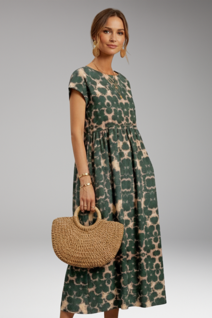Women's Midi Dress with Short Sleeves and Side Pockets