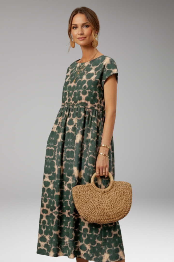 Women's Midi Dress with Short Sleeves and Side Pockets