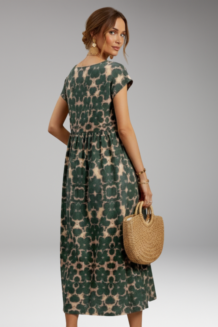 Women's Midi Dress with Short Sleeves and Side Pockets