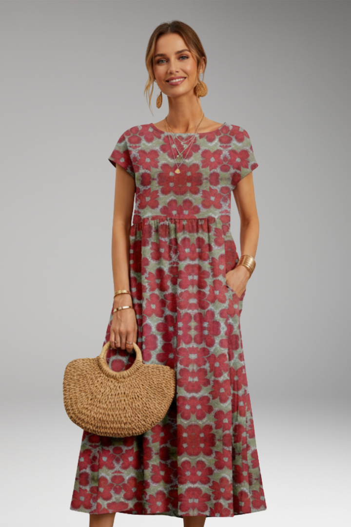 Women's Midi Dress with Short Sleeves and Side Pockets