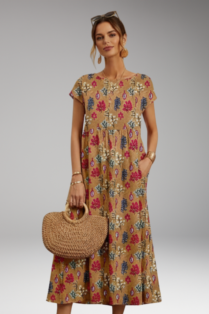 Women's Midi Dress with Short Sleeves and Side Pockets
