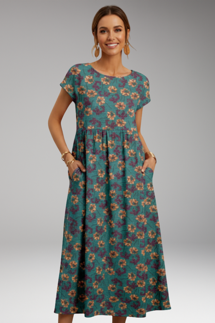 Women's Midi Dress with Short Sleeves and Side Pockets