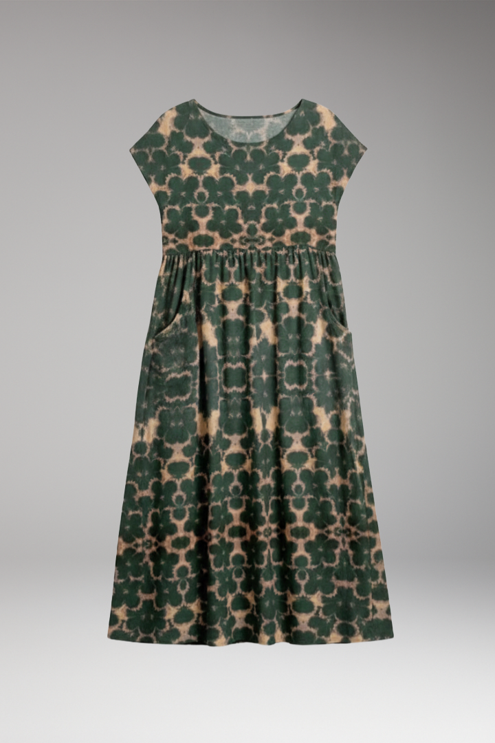 Women's Midi Dress with Short Sleeves and Side Pockets