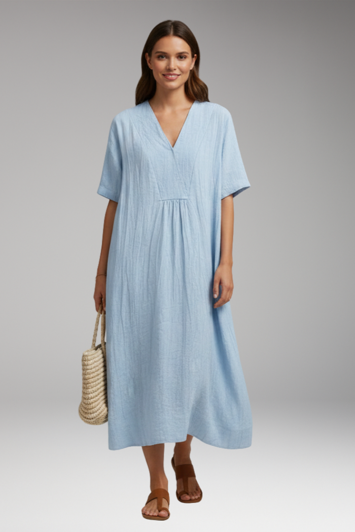 Women's Midi Dress with Short Sleeves and Textured Surface