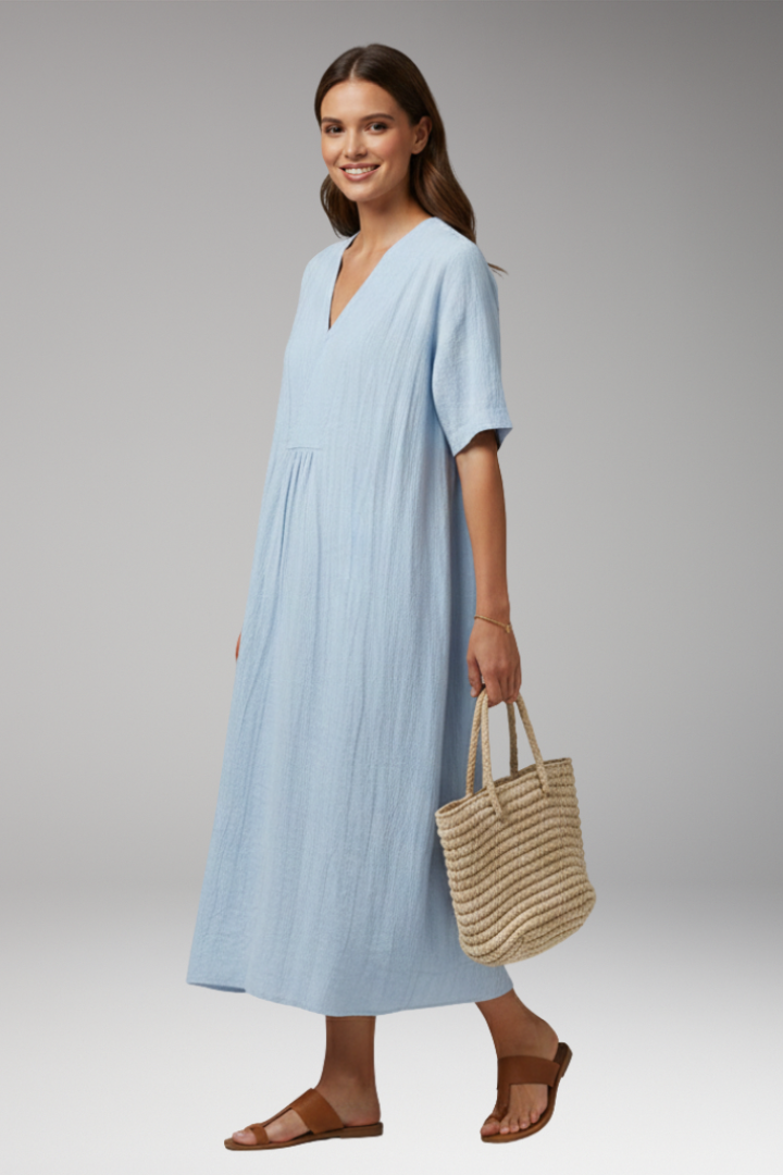 Women's Midi Dress with Short Sleeves and Textured Surface