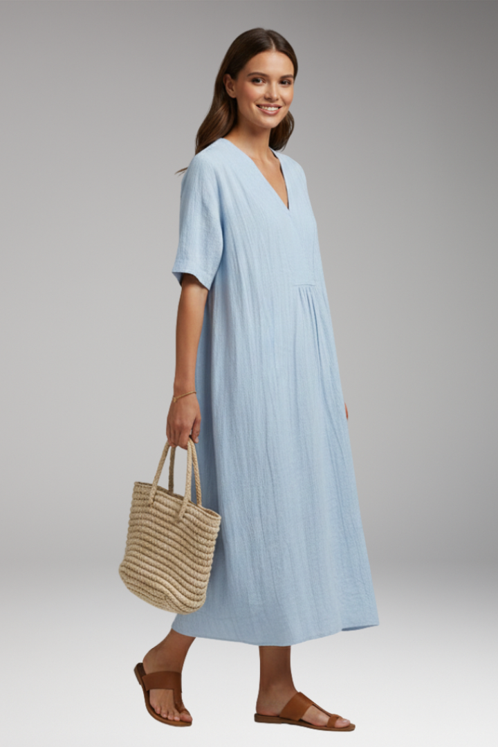Women's Midi Dress with Short Sleeves and Textured Surface