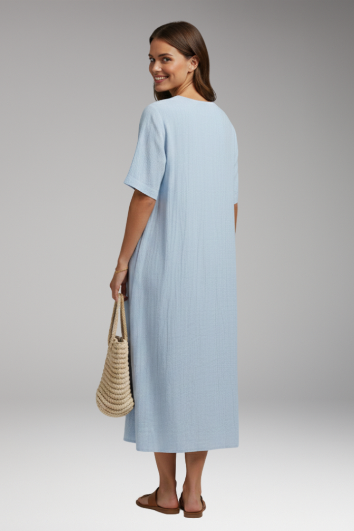 Women's Midi Dress with Short Sleeves and Textured Surface