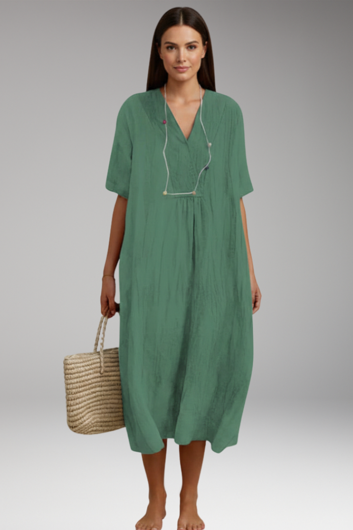 Women's Midi Dress with Short Sleeves and Textured Surface