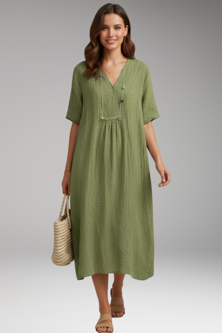 Women's Midi Dress with Short Sleeves and Textured Surface