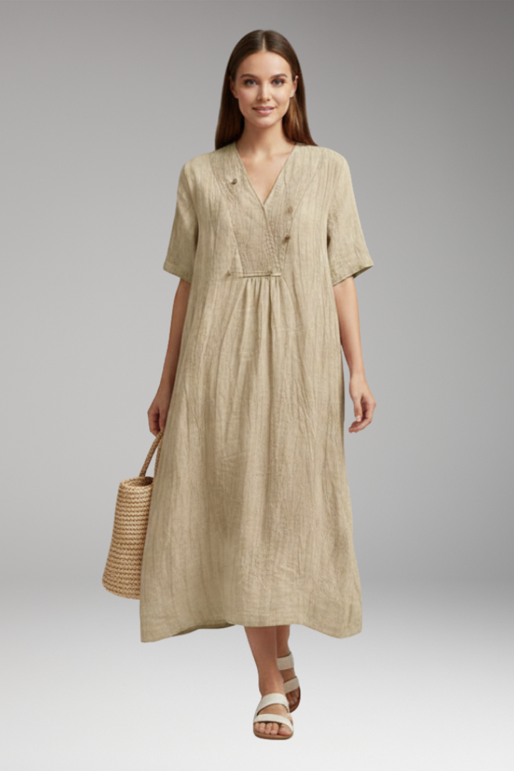 Women's Midi Dress with Short Sleeves and Textured Surface