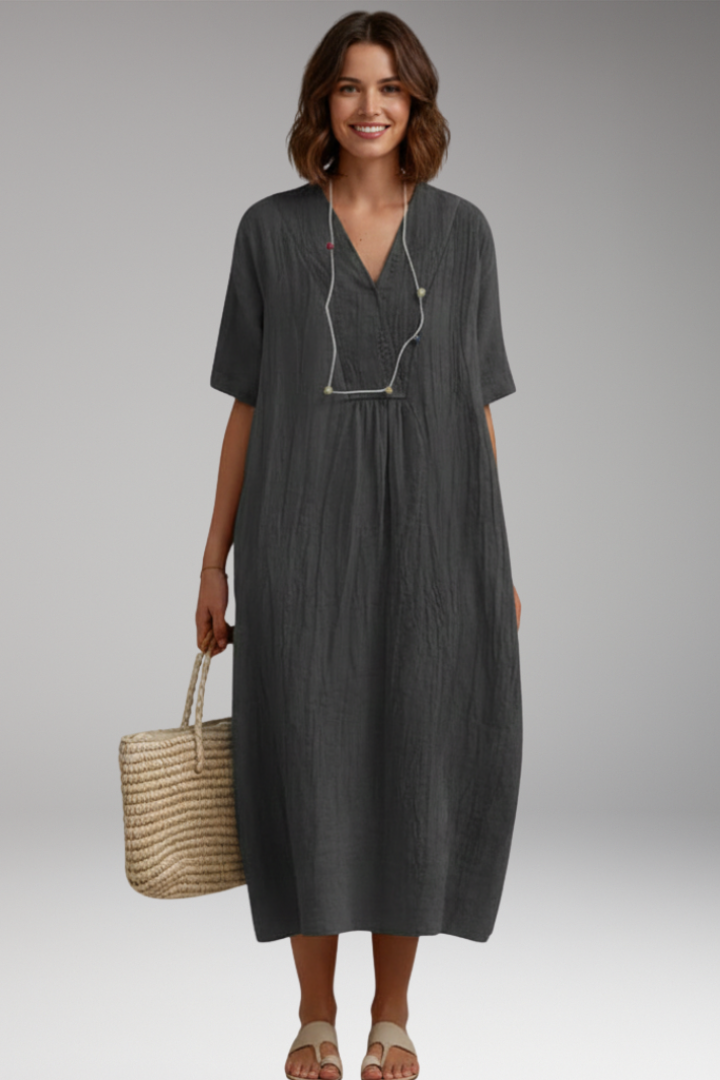 Women's Midi Dress with Short Sleeves and Textured Surface