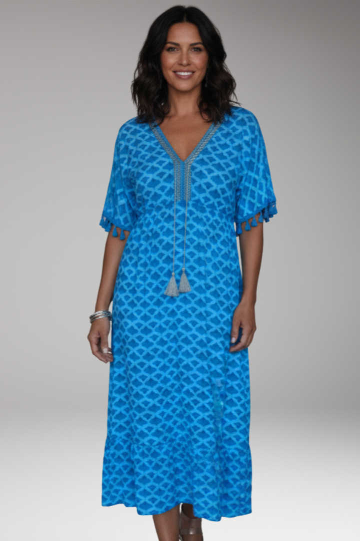 Women's Midi Dress with Short Sleeves and Printed Surface