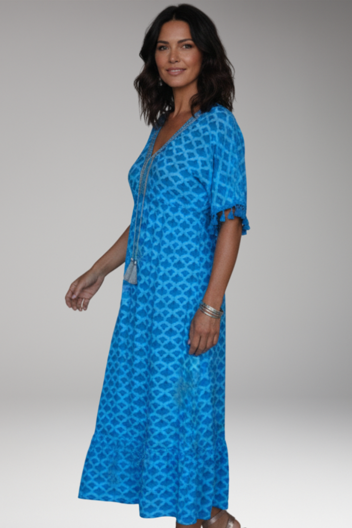 Women's Midi Dress with Short Sleeves and Printed Surface
