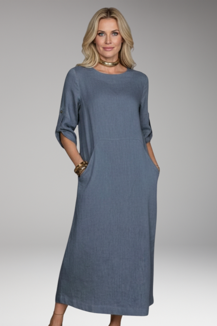 Women's Midi Dress with Side Pockets and Sleeves