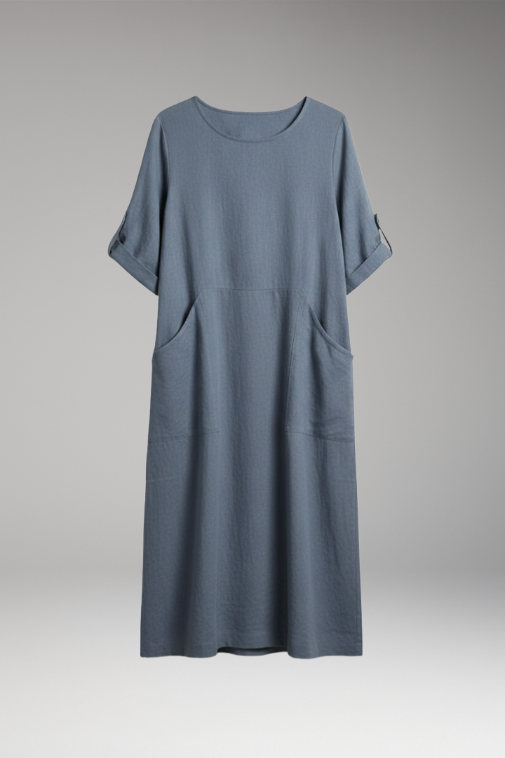 Women's Midi Dress with Side Pockets and Sleeves