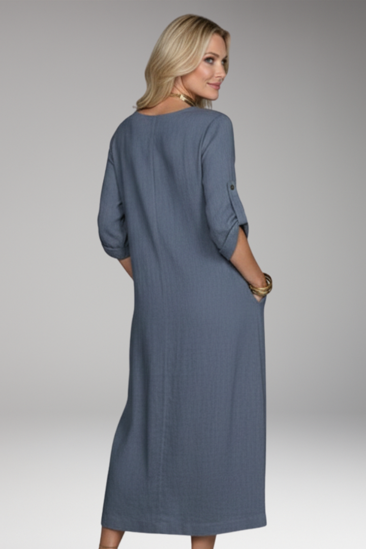 Women's Midi Dress with Side Pockets and Sleeves