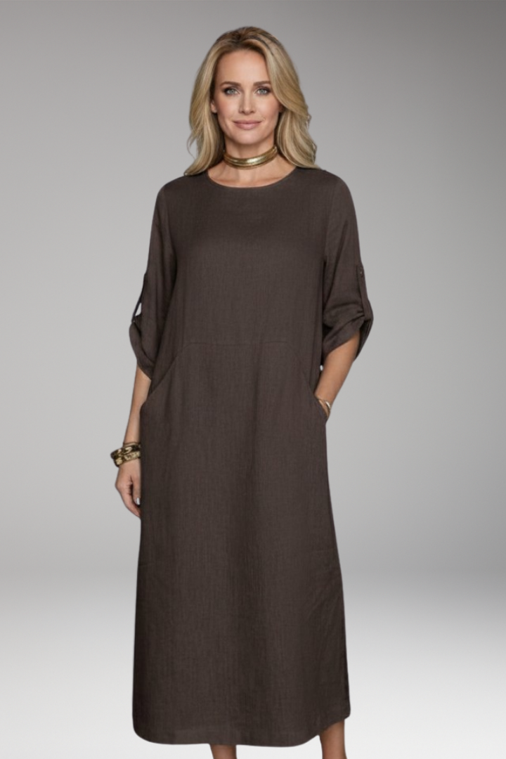 Women's Midi Dress with Side Pockets and Sleeves