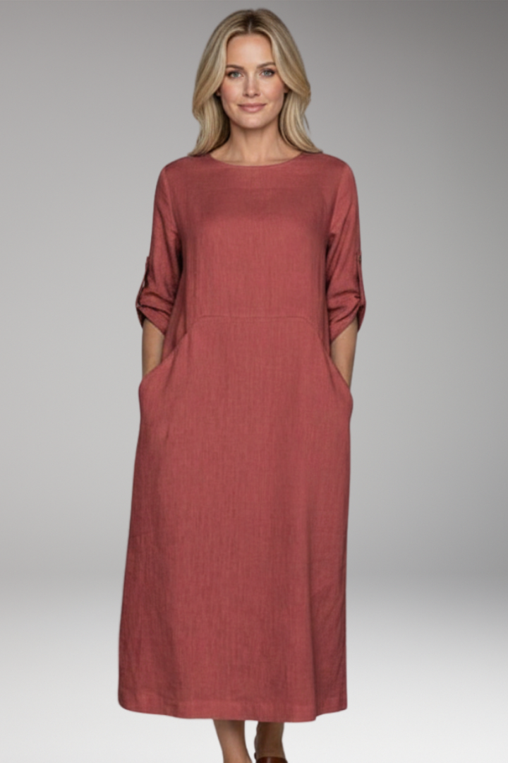 Women's Midi Dress with Side Pockets and Sleeves