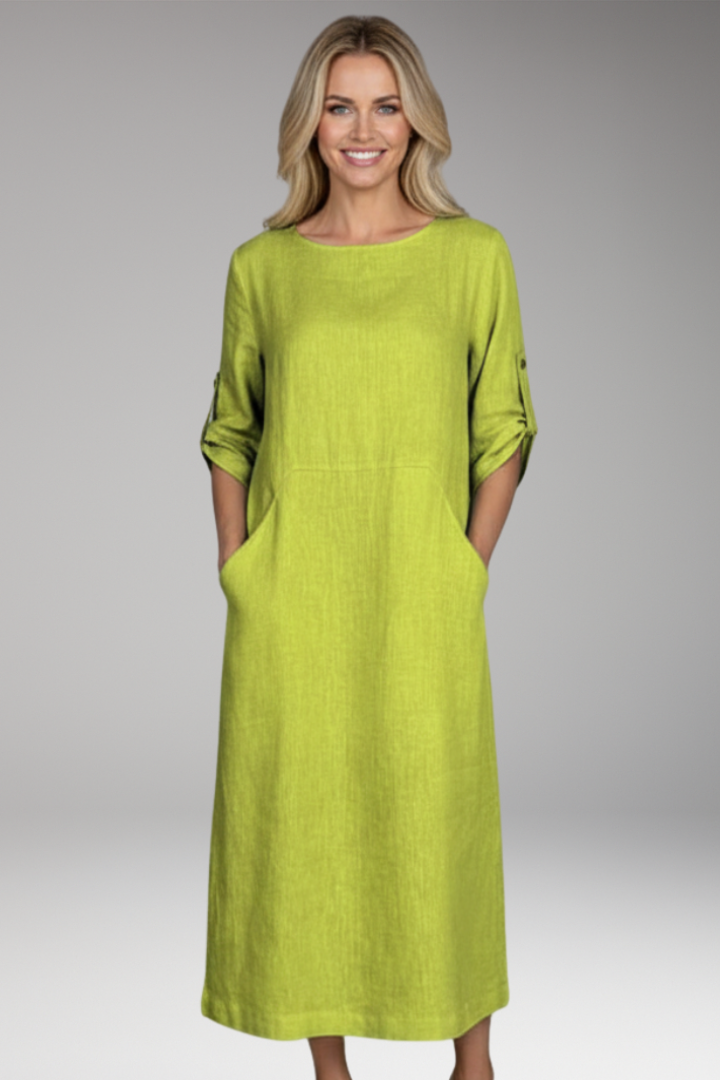 Women's Midi Dress with Side Pockets and Sleeves