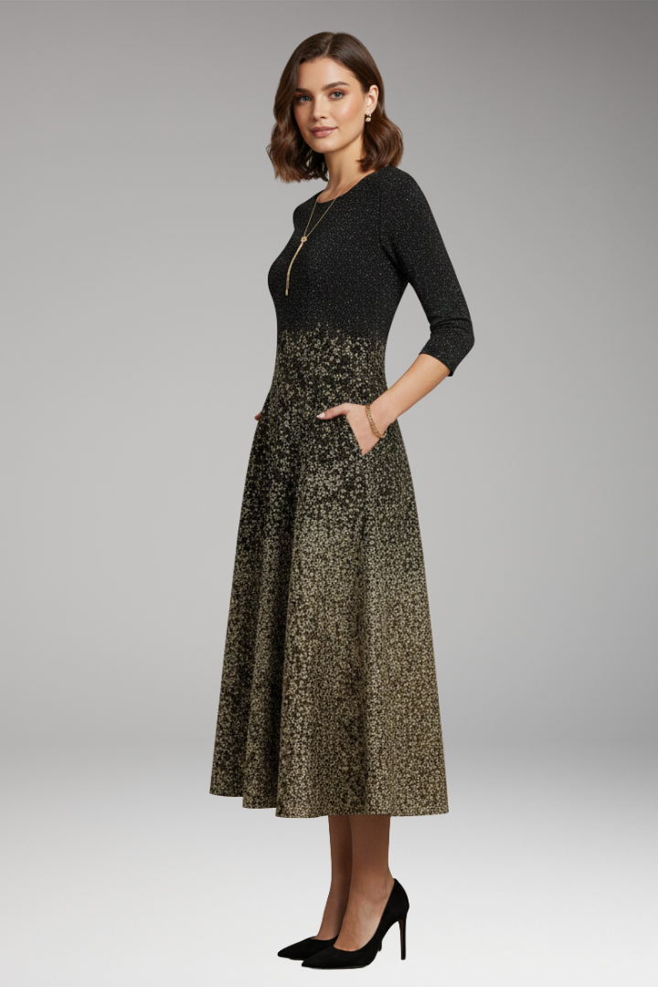 Women’s Midi Dress with Side Pockets and Three-Quarter Sleeves