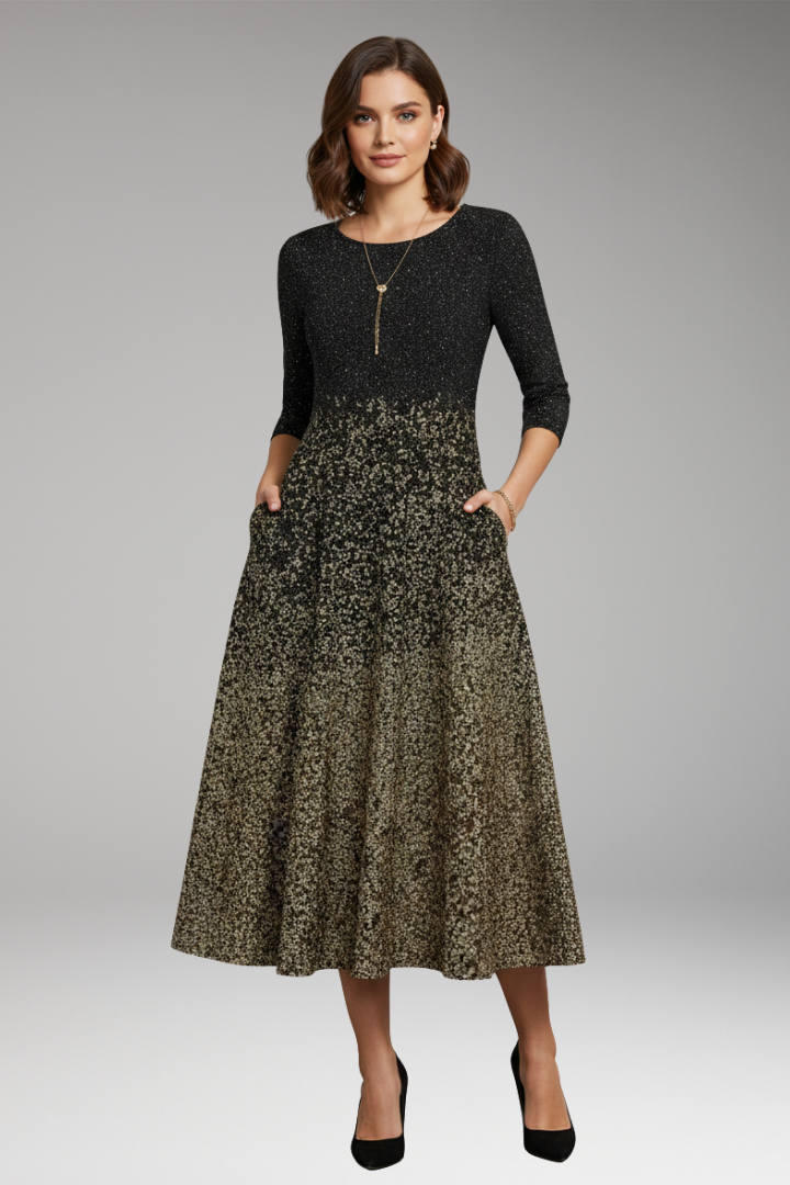 Women’s Midi Dress with Side Pockets and Three-Quarter Sleeves