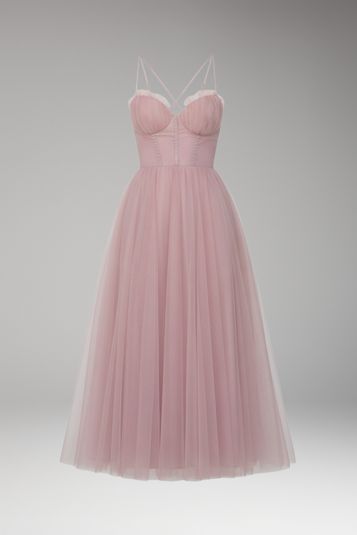 Women's Midi Dress with Spaghetti Straps and Tulle Skirt
