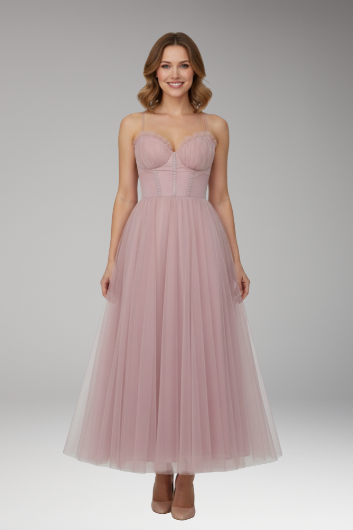 Women's Midi Dress with Spaghetti Straps and Tulle Skirt