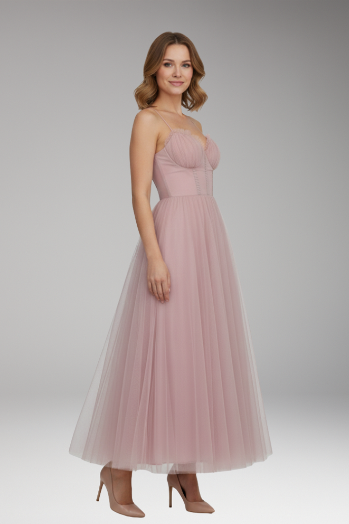 Women's Midi Dress with Spaghetti Straps and Tulle Skirt