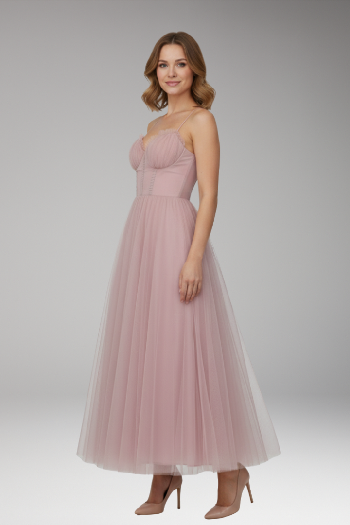 Women's Midi Dress with Spaghetti Straps and Tulle Skirt