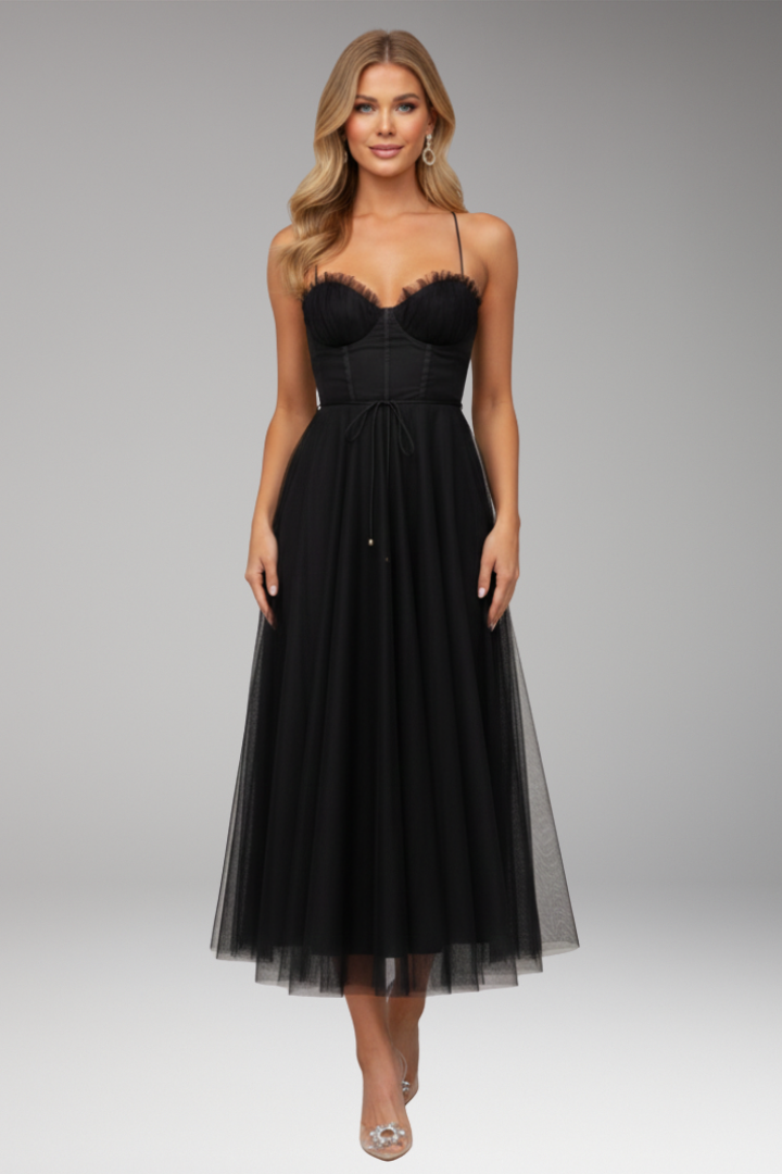 Women's Midi Dress with Spaghetti Straps and Tulle Skirt
